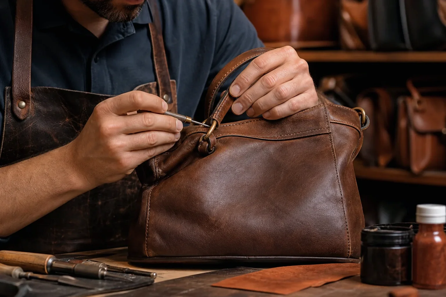 Artesão reformando bolsa de couro.