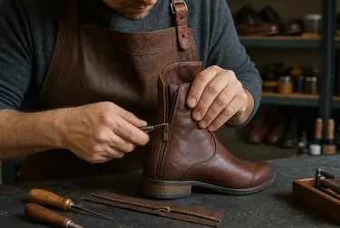 Sapateiro consertando zíper de bota.