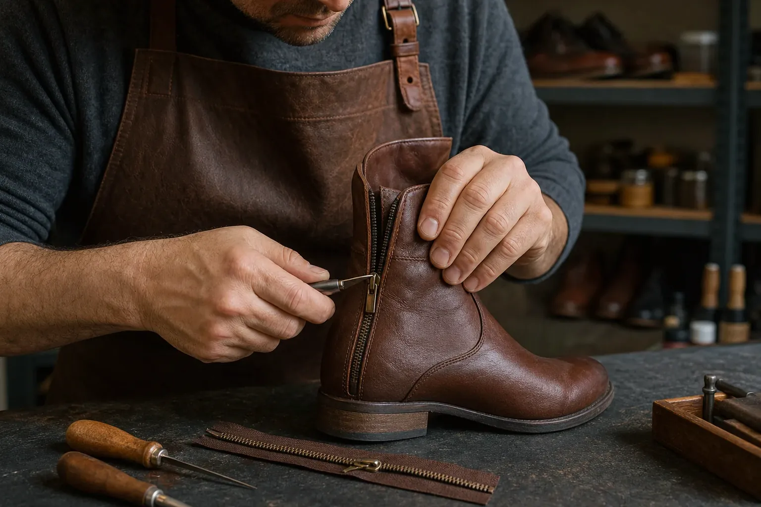 Sapateiro consertando zíper de bota.
