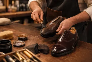 Sapateiro reformando sapatos sociais.